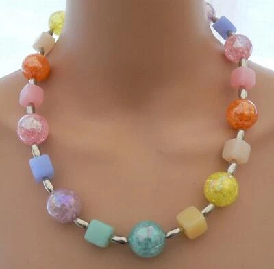 Pompös XXL Halskette Würfel Perlen mehrfarbig gelb orange lila türkis rosa 011h - Bild 1 von 4