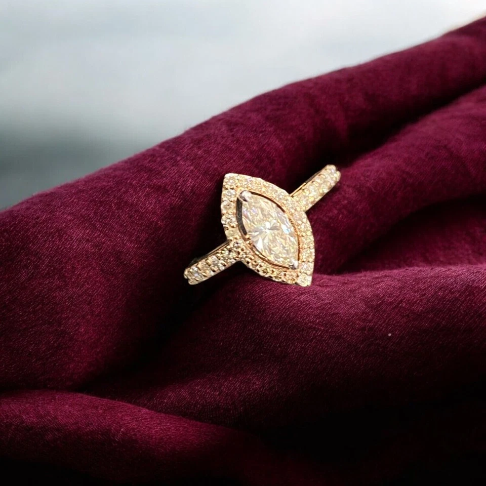 Anillo de compromiso pavé 0,90 TCW marquesa corte redondo diamantes naturales oro rosa 14K Foto 1 de 1