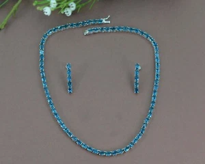 London Blue Topaz Natural Gemstone 925 Sterling Silver Tennis Necklace & Earring - Picture 1 of 6