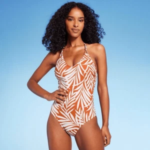 Traje de baño de una pieza con detalle de nudo de cuentas para mujer - estampado de hojas anaranjadas XL - Imagen 1 de 3