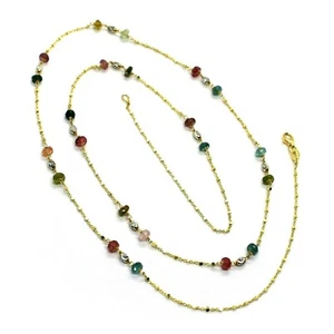 18K YELLOW GOLD LONG 65cm 25.6" NECKLACE FACETED TOURMALINE DISC ROLO CUBE CHAIN - Picture 1 of 7