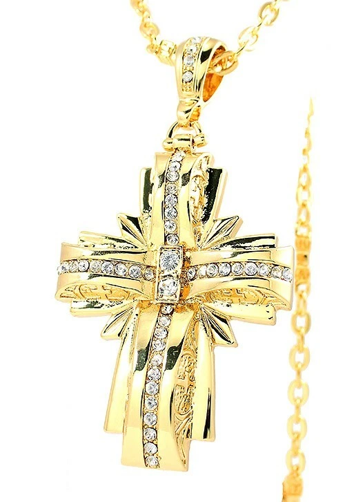 Colgante Cruz Hip Hop Tono Dorado 4.5x2.5 Pulgadas 30" Cadena Foto 1 de 1