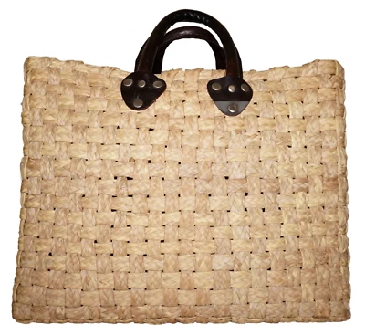 1980's Vintage Large Woven Grass & Deep Brown Leather 13 x 16 Tote Bag - Image 1 of 4