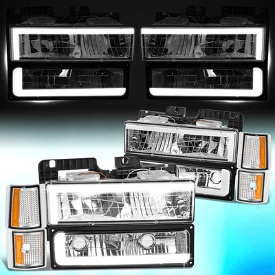 Faros cromados/ámbar con barra LED DRL para camioneta GMC C/K Suburban Yukon 1994-2000 Foto 1 de 4