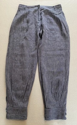 BRORA BOMBACHO TROUSERS SZ 12 100% LINEN BLUE STRIPE WOMEN POCKET BUTTON ANKLE - Image 1 of 4