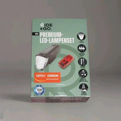 RIDE+GO® RIDE+GO Akku Fahrradlicht Set 100 Lux Osram LED StVZO USB LED Fahrradbeleuchtung