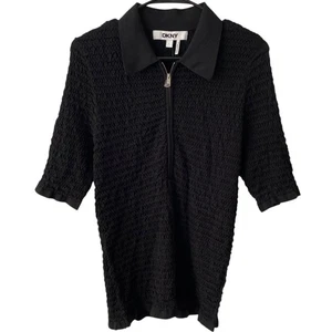 NEW DKNY Smocked Half Sleeve Collared Shirt Black Large Stretch Career Preppy - Picture 1 of 4
