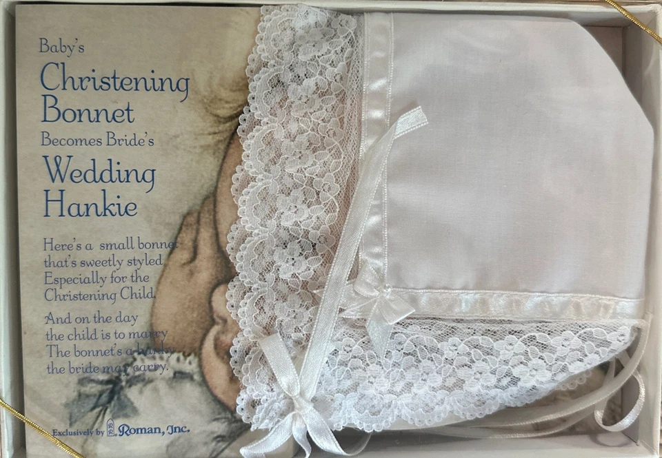 Christening Baptism White Baby Bonnet Hat Becomes Brides Wedding Hankie by Roman