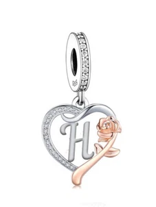 LETTER H NAME INITIAL HEART & ROSE DANGLE CHARM ๐ GENUINE 925 STERLING SILVER - Picture 1 of 9