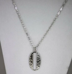 Silver-Tone Elongated Cable Chain with Oval Hammered Pendant 33.5" Opera - Picture 1 of 4