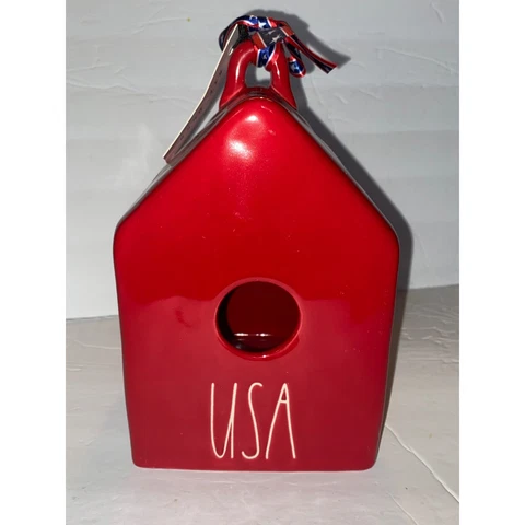 Rae Dunn Red Ceramic USA Square Birdhouse Patriotic American Decor Cover