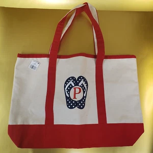 Tote Bag Nantucket Distributing - Initial P - Beach, Pool Theme - Red & Cream - Picture 1 of 6