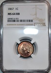 NGC MS-64 RB 1867 Indian Head Cent, Blazing, Richly Hued, Red-Brown specimen!