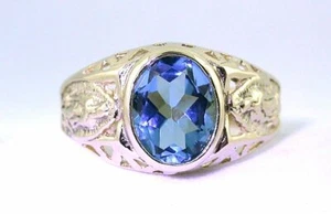 14Kt Yellow Gold Oval 11x9 Swiss Blue Topaz Mother Mary Christian Ring Size 8.5 - Picture 1 of 4