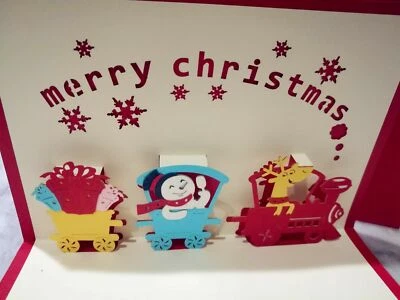 Lindo muñeco de nieve tren feliz Navidad emergente 3D hecho a mano tarjeta roja  Foto 1 de 3