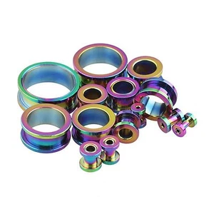PAIR-Tri-Color Titanium IP Screw On Ear Tunnels 20mm/13/16" Gauge - Picture 1 of 3