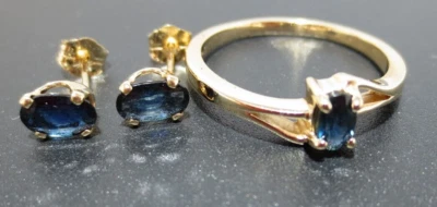 JUEGO DE PENDIENTES DE ZAFIRO AZUL NATURAL 10K YG CON ANILLO A JUEGO TALLA 8 3,00g (A18357 Foto 1 de 4