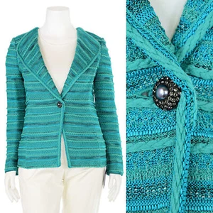 *COLOR CRUSH!* St. John Couture Crystal Button Jacket in Teal Multi Stripe sz 10 - Picture 1 of 8