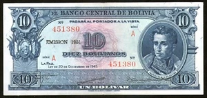BOLIVIA NOTE L. 1945 EMISION 1951 10 BOLIVIANOS Series A - P#139a - Picture 1 of 2