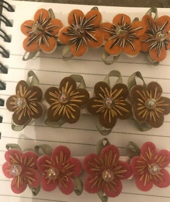 (2) Victorian Embroidered Felt Flowers w/ Pearl Metal Barrettes - Image 1 of 4