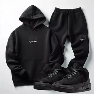 Herren schwarz auf schwarz Jogginganzug passend zu Jordan 3 schwarze Katze Hoodie Jogginghose 2-teiliges Set - Bild 1 von 5