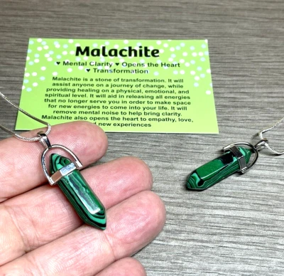 Malachite Green Gemstone Shakra Silver Pendant Necklace + card - Image 1 of 4