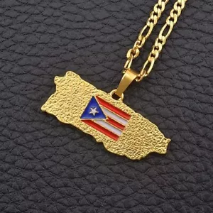 BANDERA MAPA ORO COLGANTE COLLAR CADENA JOYERÍA MUJER HOMBRE UNISEX PUERTO RICO - Imagen 1 de 3