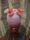 Vintage Fenton Cranberry Opalescent Hobnail Glass  Bud Vase Ruffle Rim Top