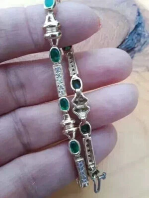 Tennis Bracelet 10Ct Created Oval Green Emerald Women's 14K Yellow Gold Finish - Image 1 of 3