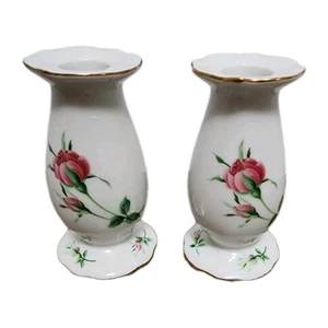 Pair of 2 Vintage Christineholm Porcelain Rose Japan Candlesticks Candle Holders - Picture 1 of 7