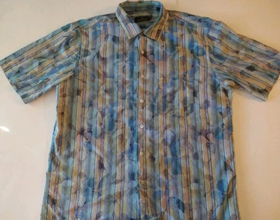 Bugatchi Uomo Shirt Mens XL Multicolor Striped Short Sleeve Button Front Floral  - Image 1 of 4