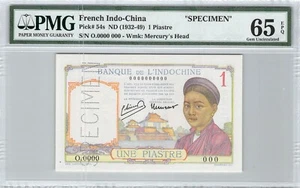 BILLET INDOCHINE - 1 PIASTRE - ND (1932) - SPÉCIMEN - PMG 65 - Bild 1 von 2