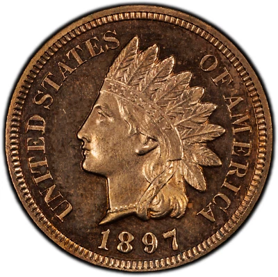 1897 Indian Head Cent Penny PROOF CAMEO - PCGS Unc Details - Color - Image 1 of 3