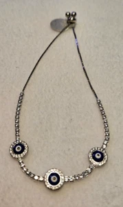 Sterling Silver 925 Evil Eye Bracelet with Blue Glass Stone in  CZ, 10in - Picture 1 of 16
