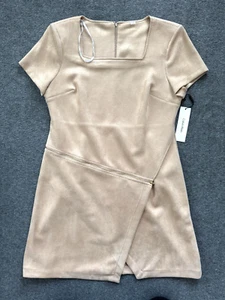 NWT $134 CALVIN KLEIN Tan Short-Sleeve Suede Sheath Dress - Women's 14 - Picture 1 of 9
