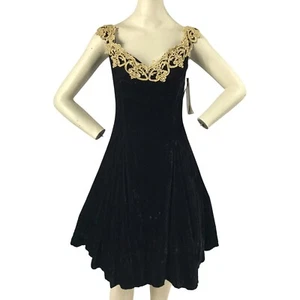 Jessica McClintock Gunne Sax Womens 3/4 80s Velvet Off Shoulder Dress Black Gold - Picture 1 of 11
