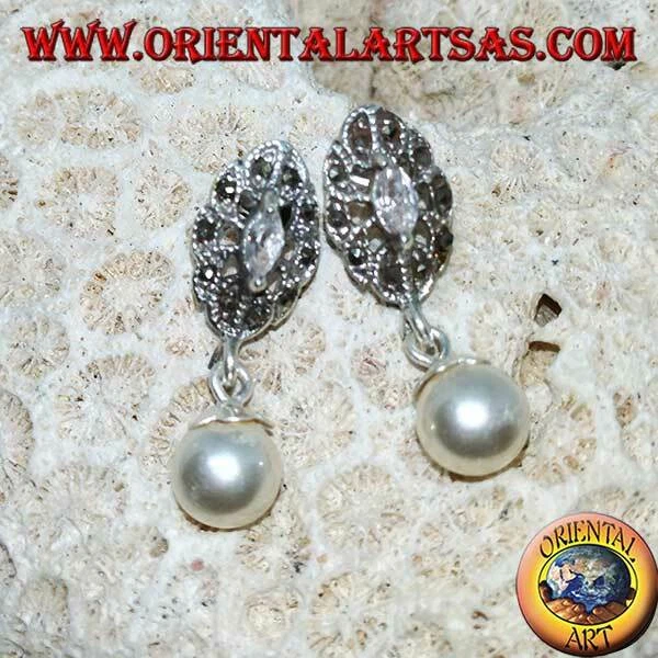 Orecchini d'argento 925‰ a lobo con zircone, marcasite e perla pendente - Immagine 1 di 1