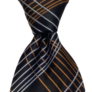 HICKEY FREEMAN Men's 100% Silk Necktie USA Designer PLAID Black/Orange/Blue GUC - Picture 1 of 3