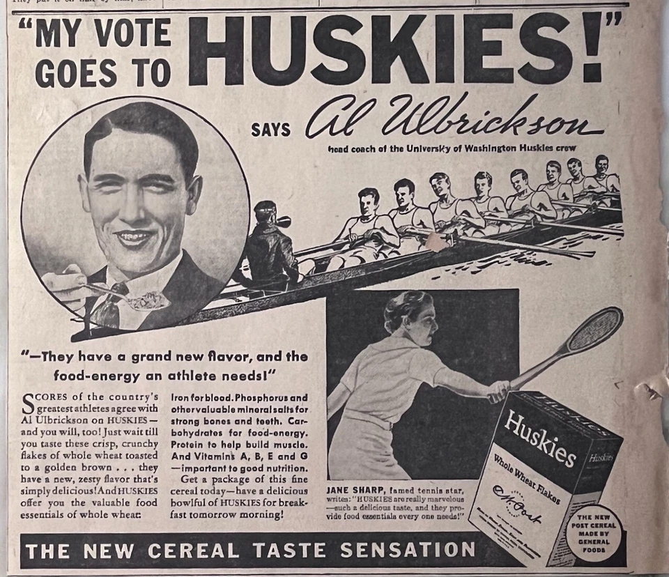 Anuncio de periódico 1936 para Huskies Cereal - Al Ulbrickson Washington Huskies remo Foto 1 de 1