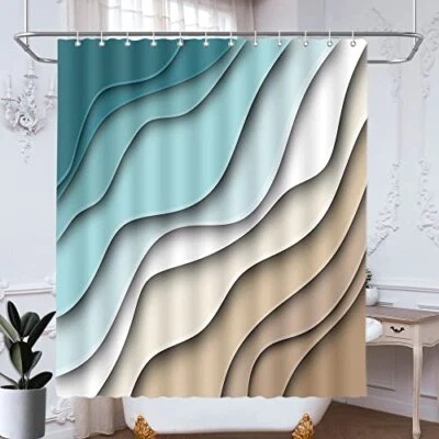 Cortina de Ducha de Playa Abstracta Playa Geométrica Gradiente Turquesa Azul Marrón C... Foto 1 de 4