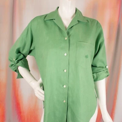 Camisa feminina de linho RALPH LAUREN verde limão manga enrolável sólida tamanho M - Imagem 1 de 4