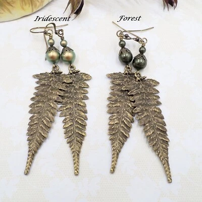 Brass Fern Earrings, Green Pearl Choice, Boho Jewelry Nature Lover, Statement - Image 1 of 4