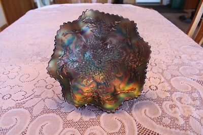 Fenton Blue Carnival Glass Rainbow Stag & Holly Footed Vintage Centerpiece Bowl - Image 1 of 4