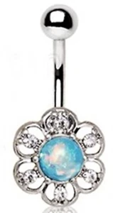 Belly Ring Flower Opal Glitter Blue/Green Non Dangle Naval Steel - Picture 1 of 3
