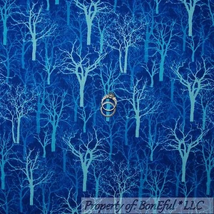 BonEful Fabric FQ Cotton Quilt VTG Blue Sky Night Xmas Tree Forest Harry Potter - Picture 1 of 13