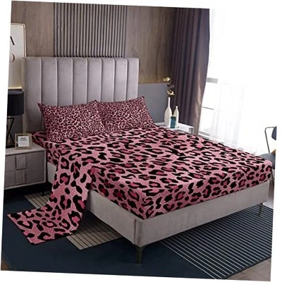 Pink Leopard Print Sheet Set,Cheetah Bedding Set for Kids Teens Queen Wws9621 - Image 1 of 4