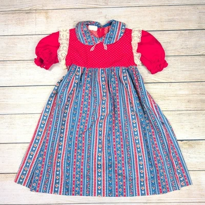 Vestido Pradera De Colección Años 70 Niñas Floral Rayas Rojo Cuello Peter Pan Cottagecore 10 Foto 1 de 4