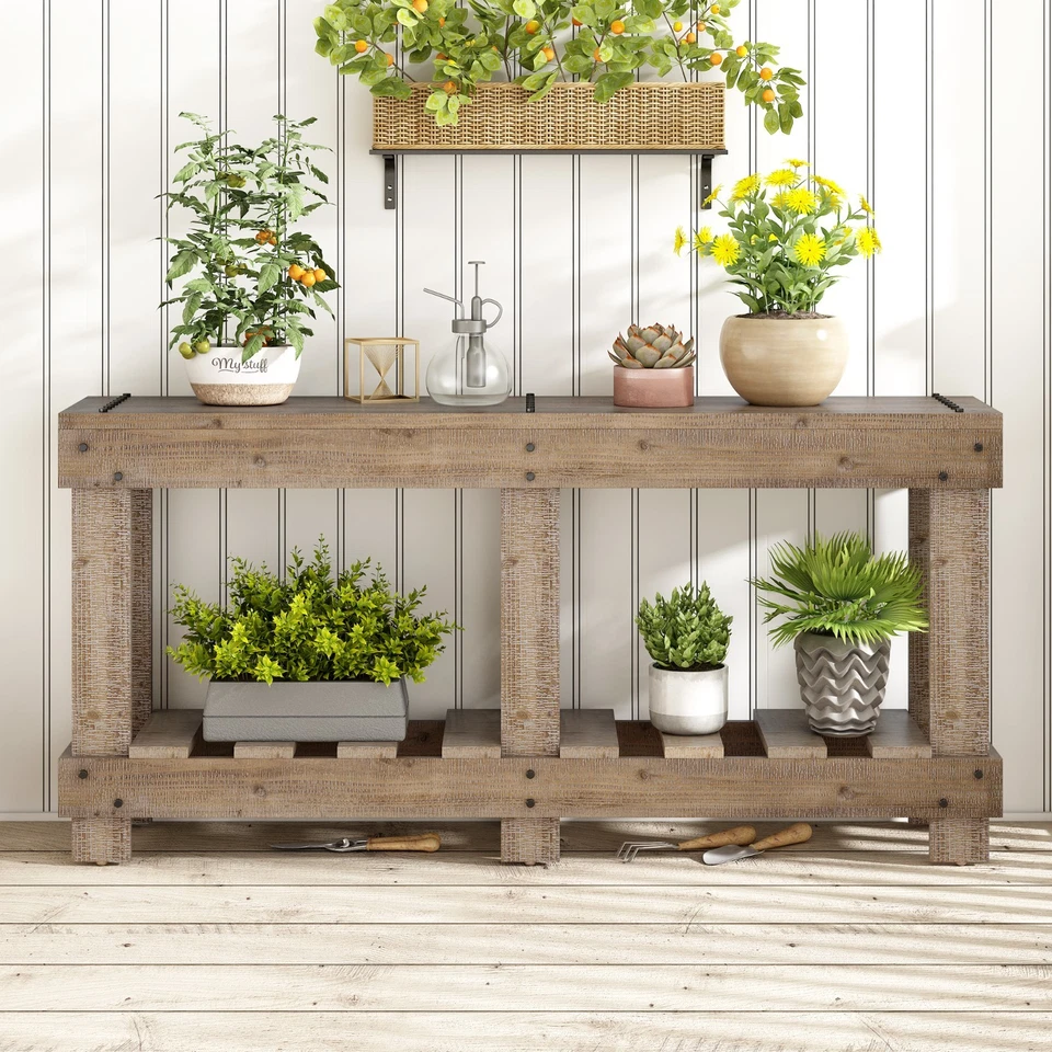 Mesa de entrada vintage de madera maciza de abeto de 62,9" (6 patas reforzadas, remache de metal) Foto 1 de 4