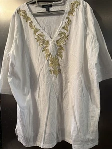 Top túnica Lauren Ralph Lauren para mujer talla 3X blanco dorado bordado cuello en V - Imagen 1 de 8