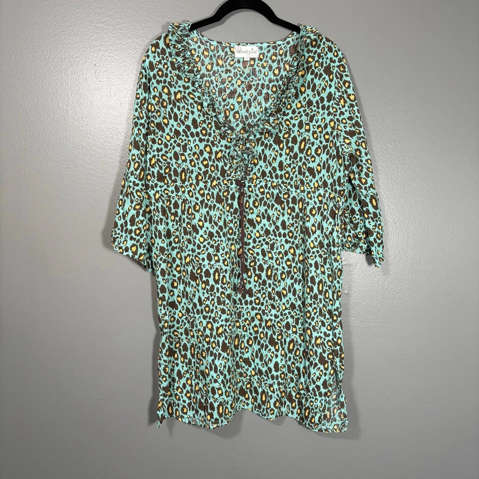 Mud Pie Bag Lady Turquoise Leopard Print 100% Linen Resort Dress - Size Small - Image 1 of 4